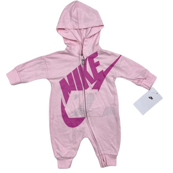 Nike Baby Girl Full-Zip Pink Hooded Coverall One-piece Romper - Size NB - Picture 1 of 4